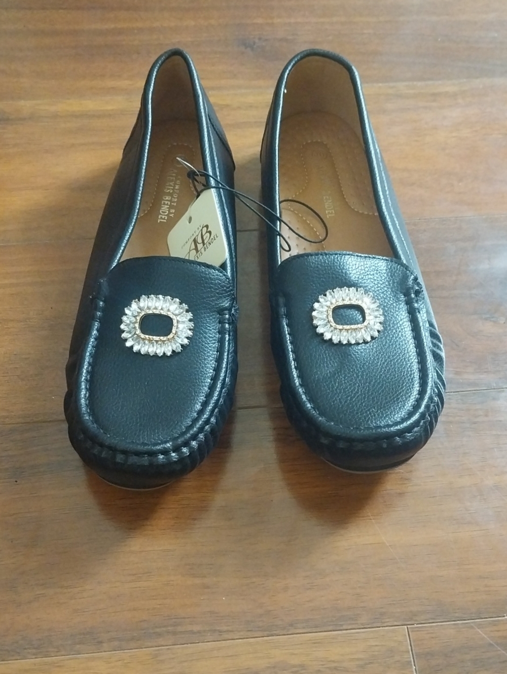 Black Leather Loafers with Decorative Crystal Buckle